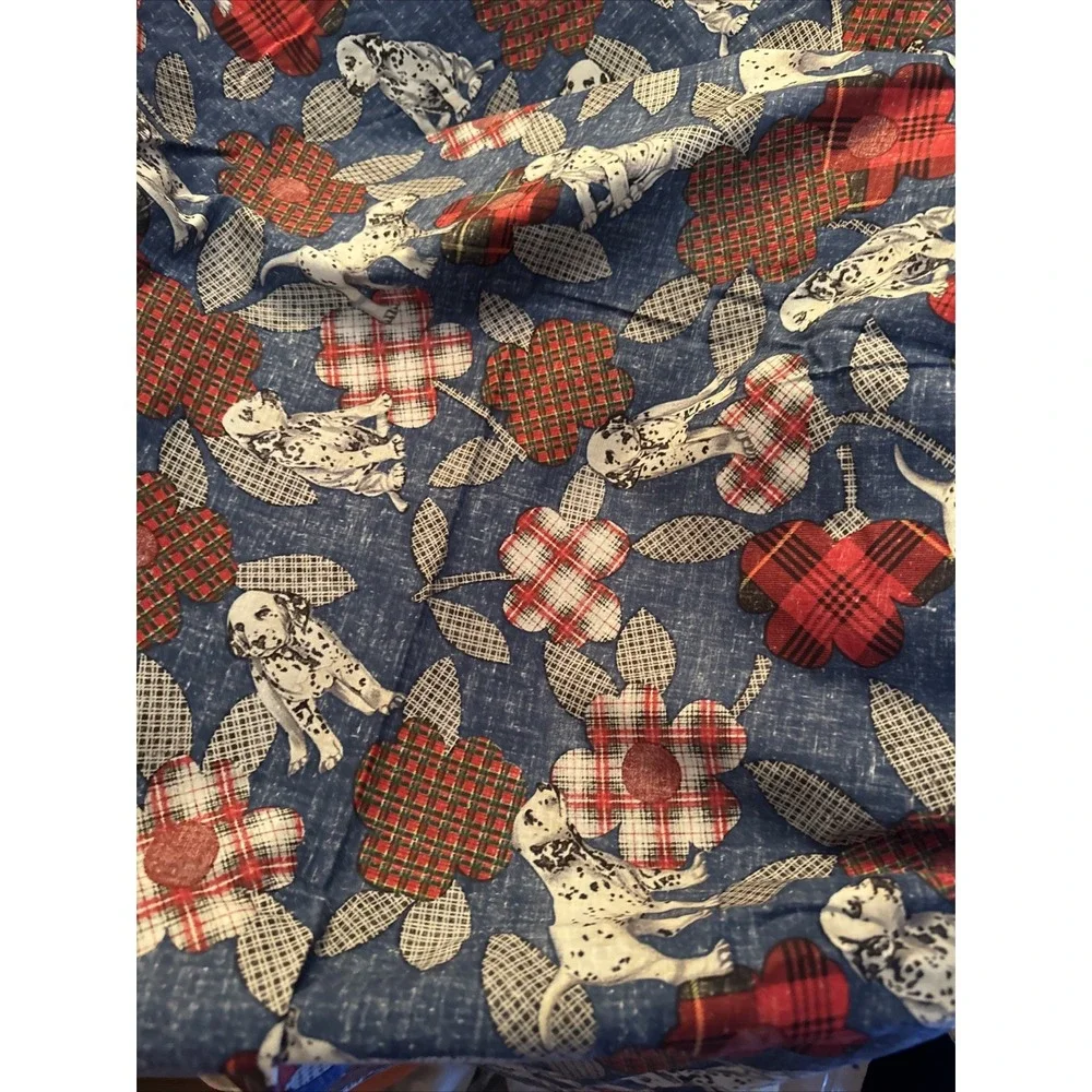 Vtg CS Shamash & Sons Fabric Dalmatian Puppy Dogs Plaid Flowers On Blue 3 Yds